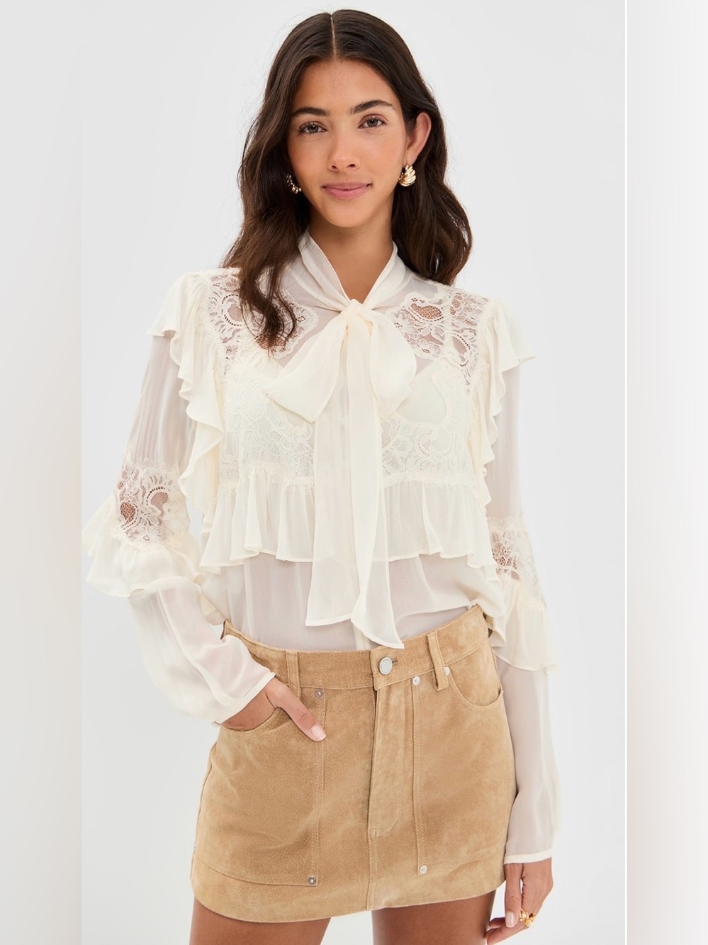 LoveShackFancy Farah Top Ivory Lace Ruffle Tie Neck Sheer Blouse Size S